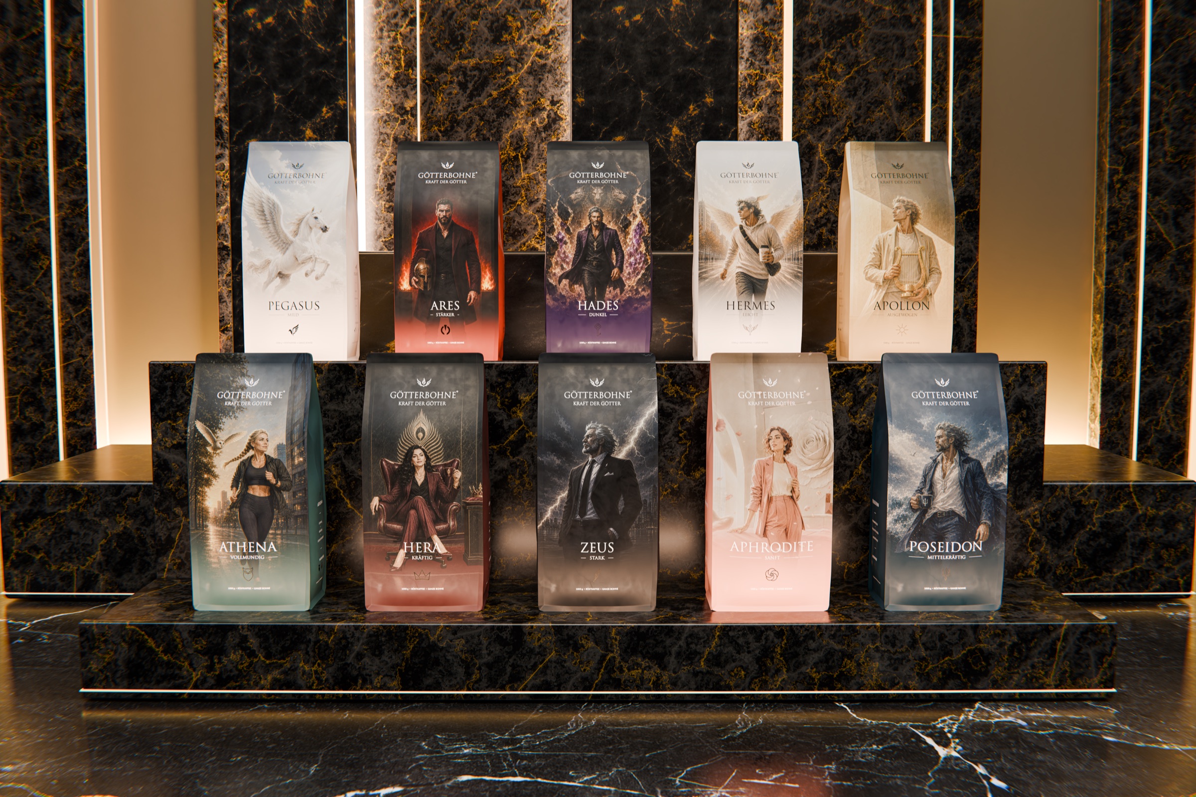 Die zehn Götterbohne-Kaffeesorten auf einer schwarz-goldenen Bühne: Pegasus, Ares, Hades, Hermes, Apollon, Athena, Hera, Zeus, Aphrodite und Poseidon.