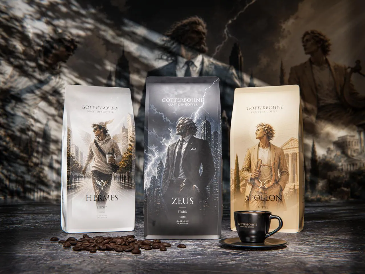 Götterbohne Kaffeemarke mit den Sorten Hermes, Zeus und Apollon